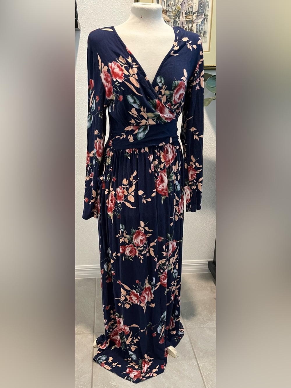 Navy Floral Wrap Maxi Dress with Pink Rose Print